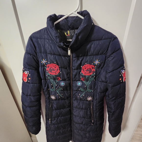 Desigual Jackets & Blazers - Desigual Navy Puffer Jacket with Red Rose Embroidery
